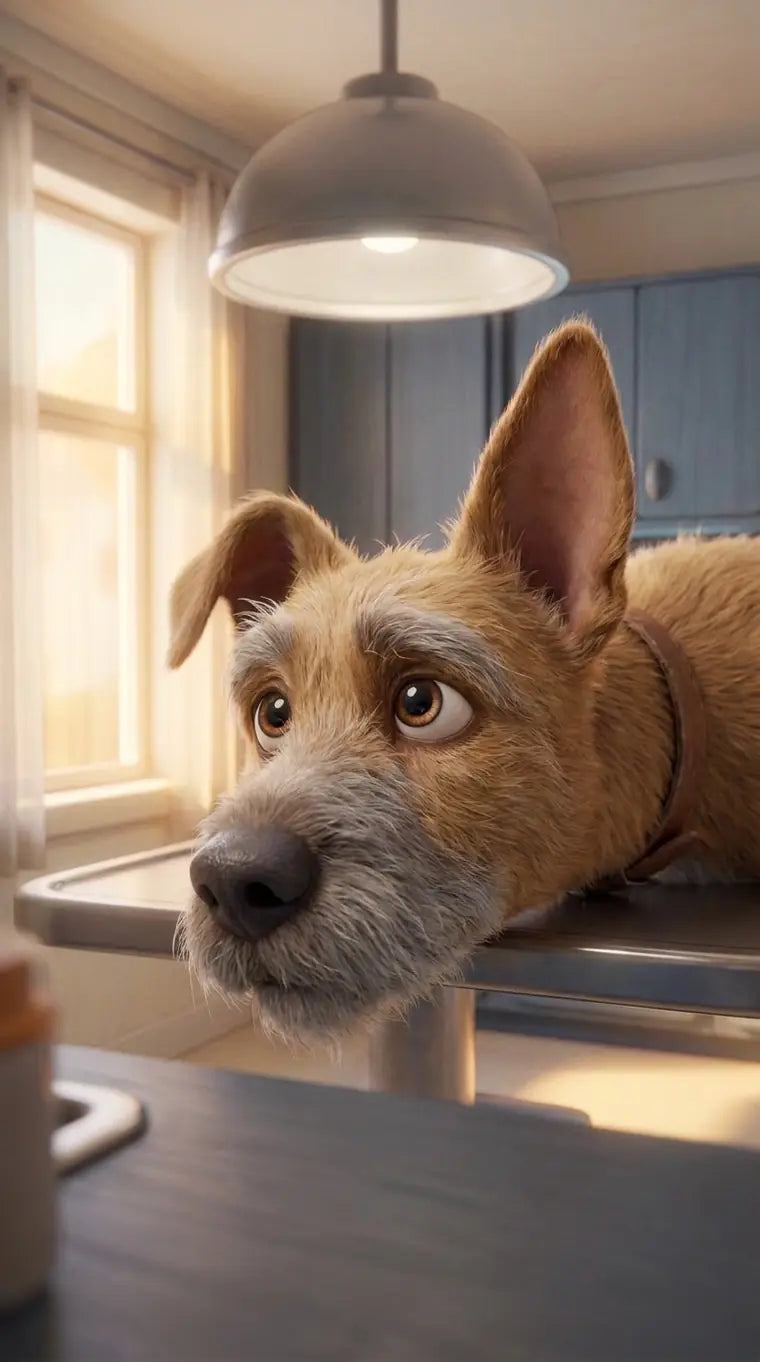 Gus, a nine-year-old scruffy brown dog with a grey chin, on a vet's exam table
