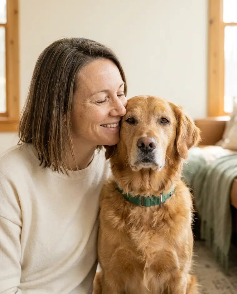 The woman with her cheek pressed to her dog's head