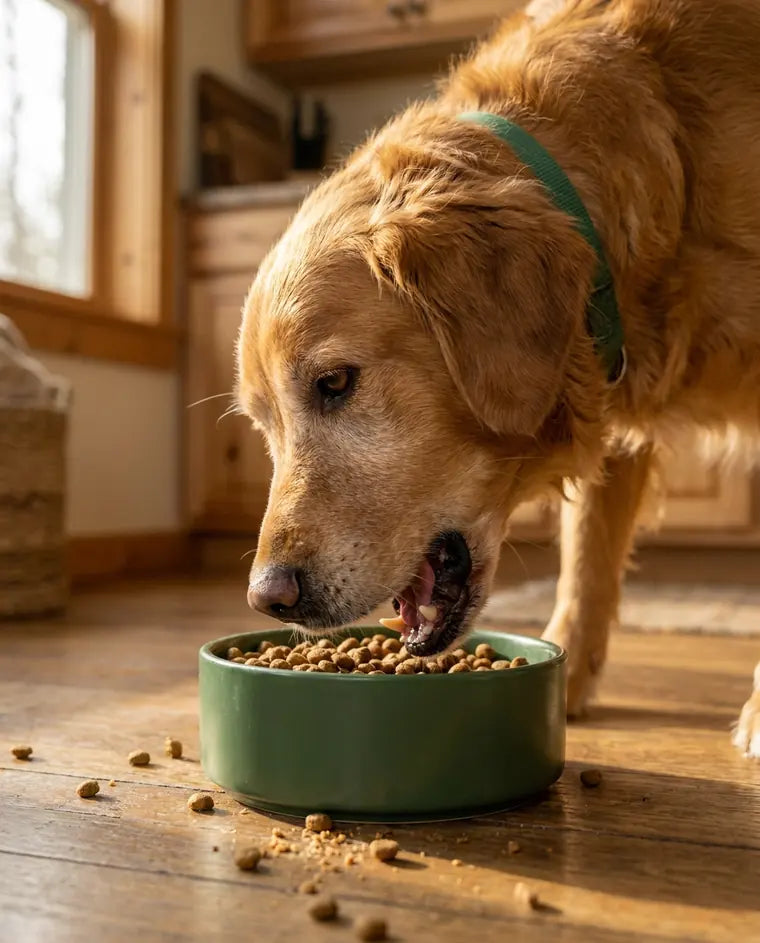 The dog eating kibble from a green bowl