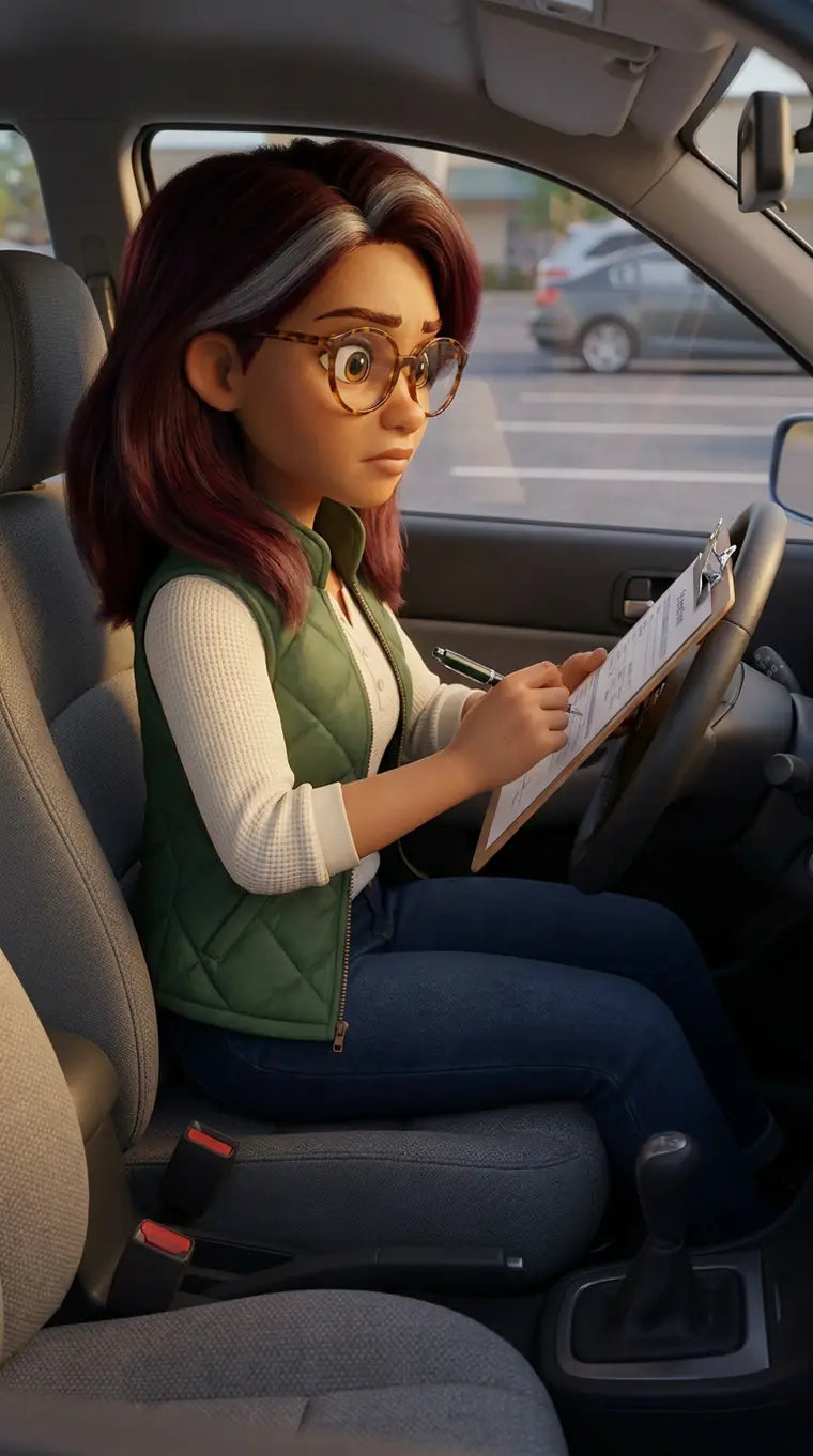 Dana in her car, signing a vet form on a clipboard