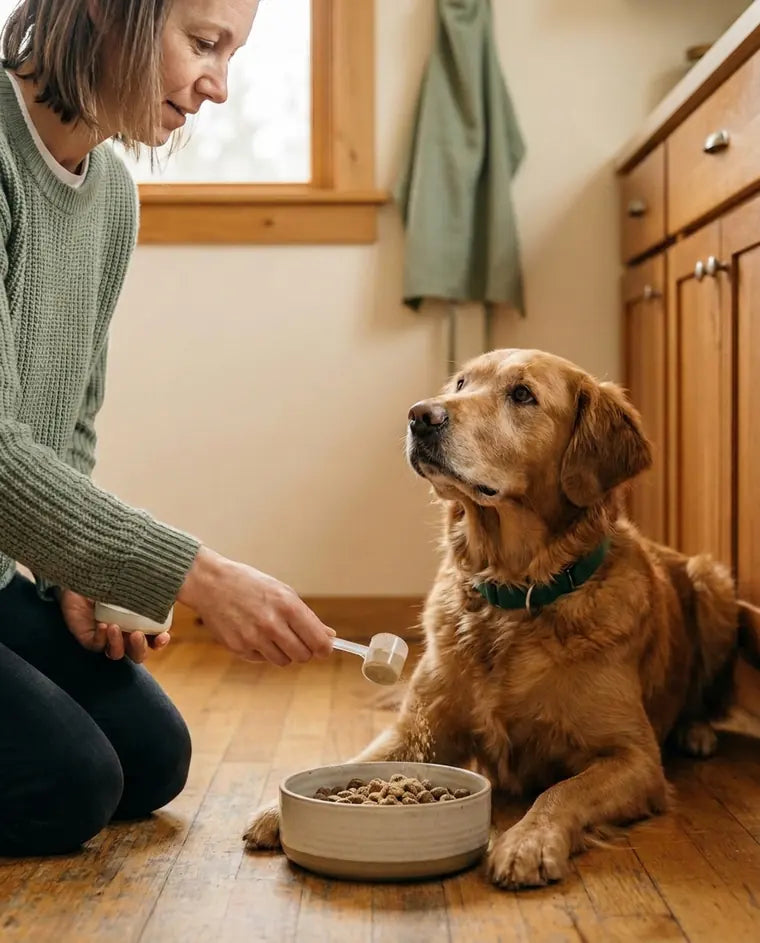 The woman sprinkling a scoop onto the dog's food while he waits by the bowl