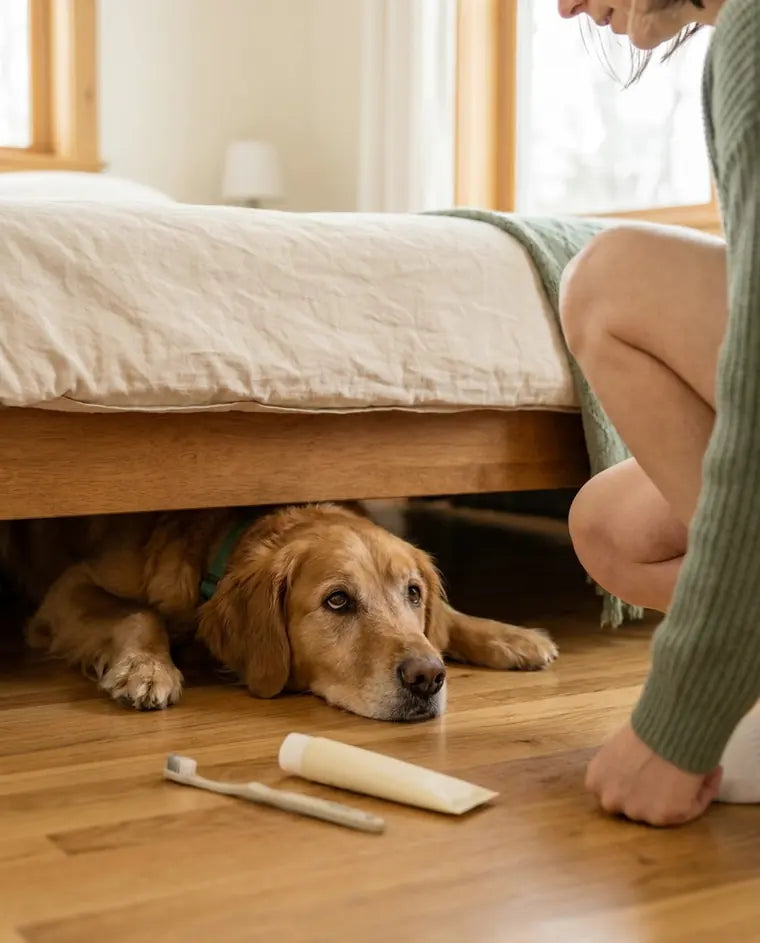 The dog hiding under a bed, a toothbrush and paste on the floor