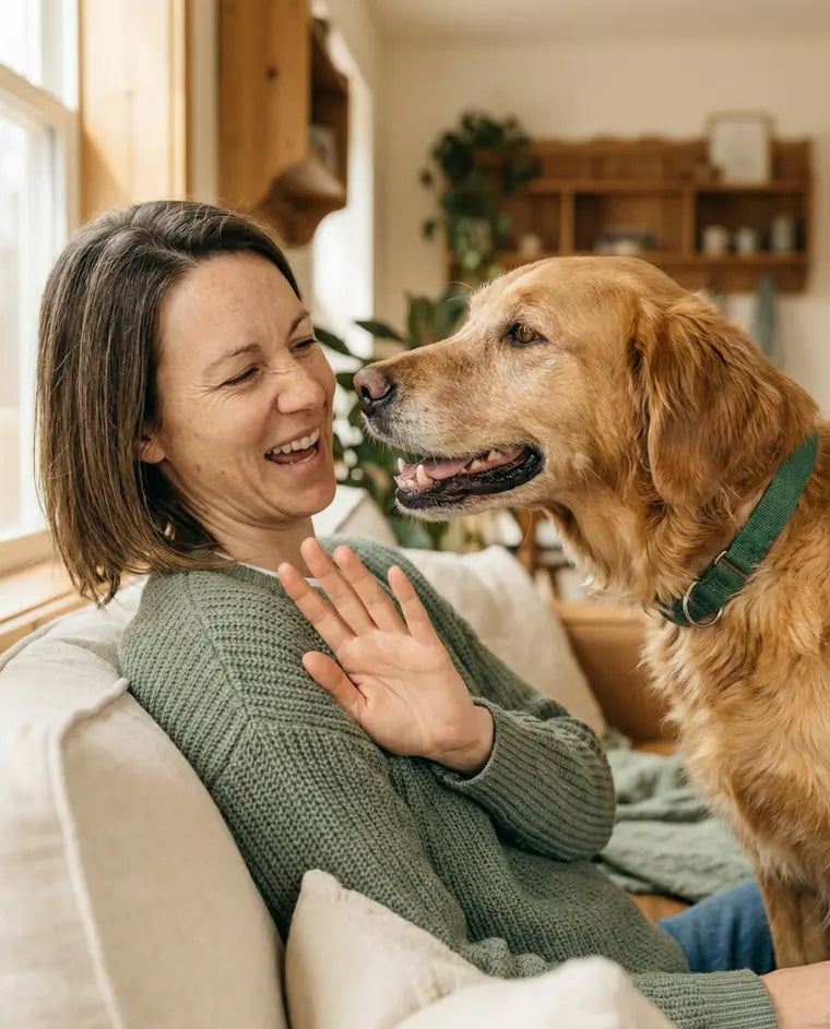 A golden retriever mix leaning in close to a woman on the couch while she leans back laughing