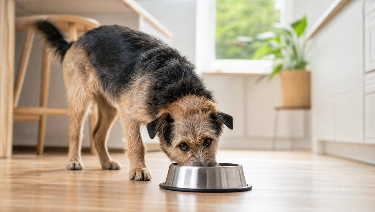 A dog eating enthusiastically from a bowl in a sunlit kitchen