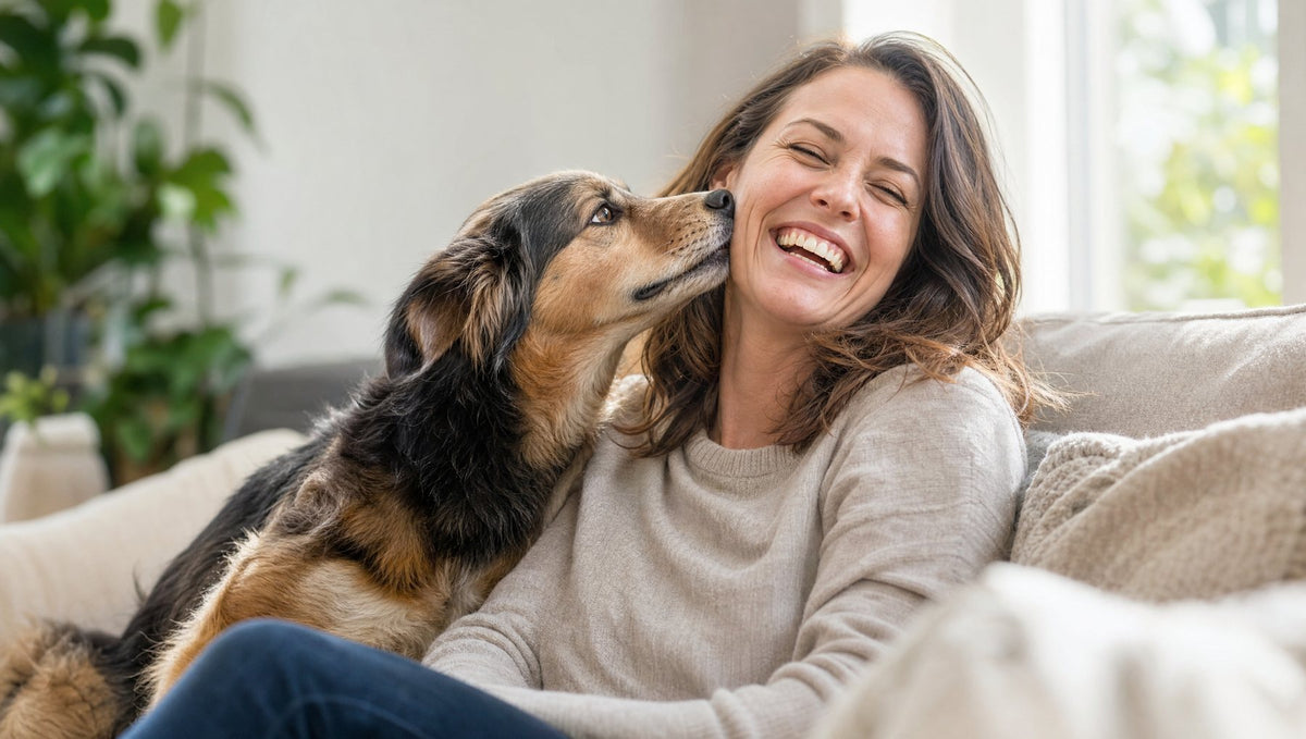 A laughing woman being licked on the cheek by her dog on a sofa