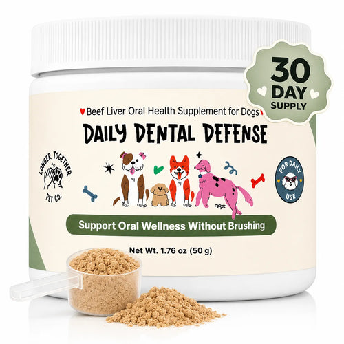 Daily Dental Defense jar with a scoop of beef liver dental powder for dogs