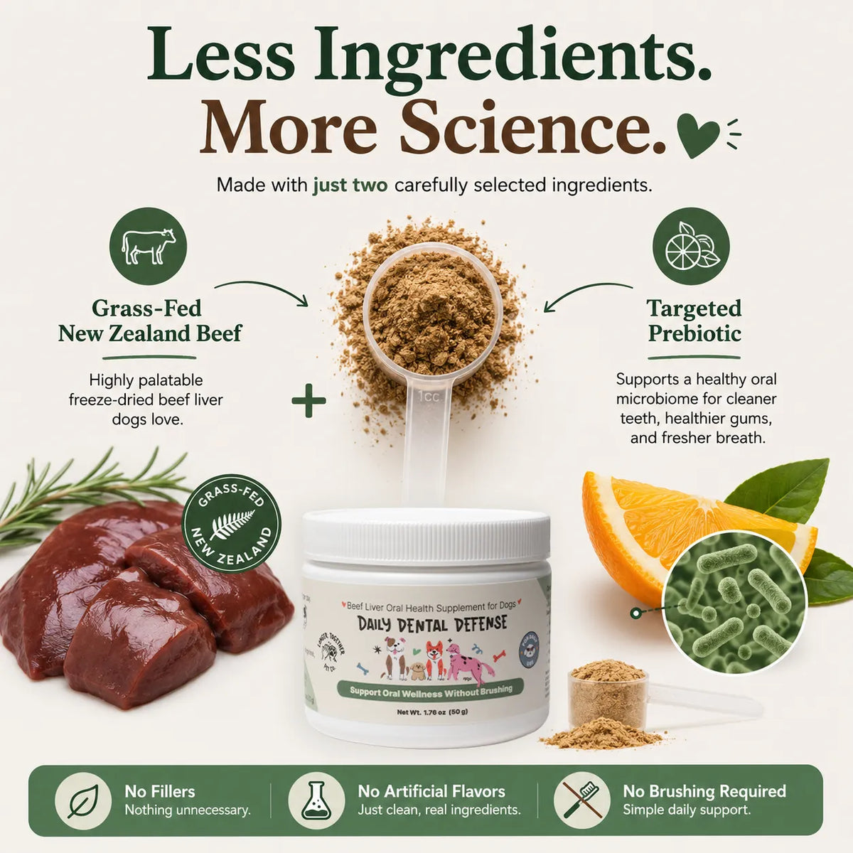 Two simple ingredients: freeze-dried grass-fed beef liver and a targeted prebiotic