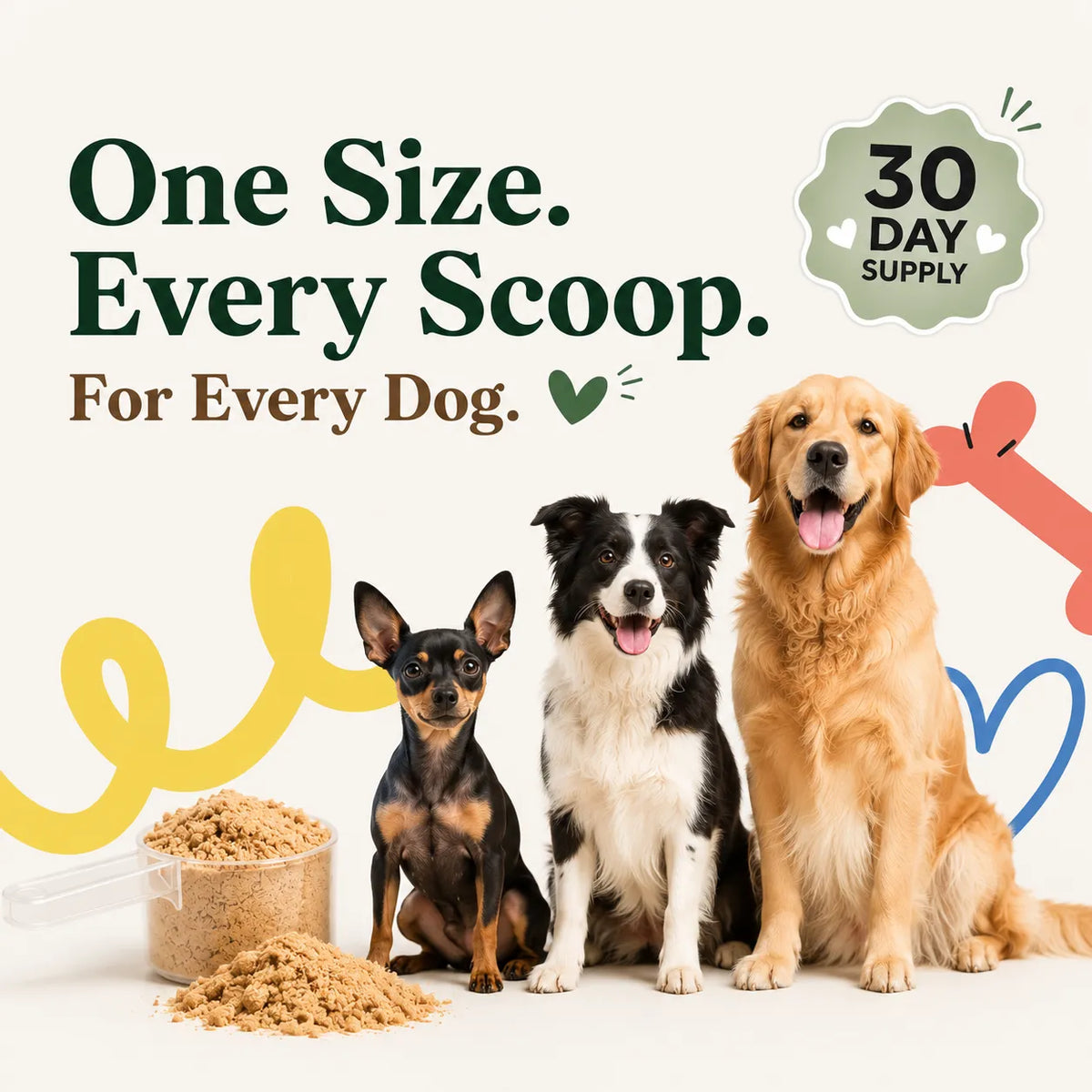 Three dogs of different sizes: one scoop of Daily Dental Defense works for every dog