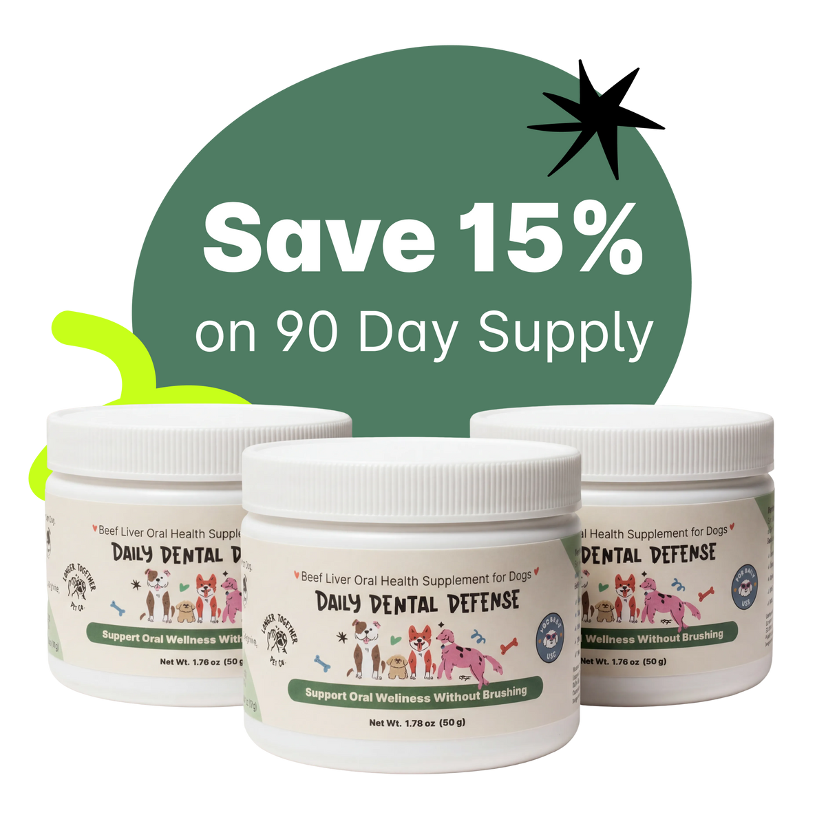 Three-jar 90-day supply bundle of Daily Dental Defense, save 15%