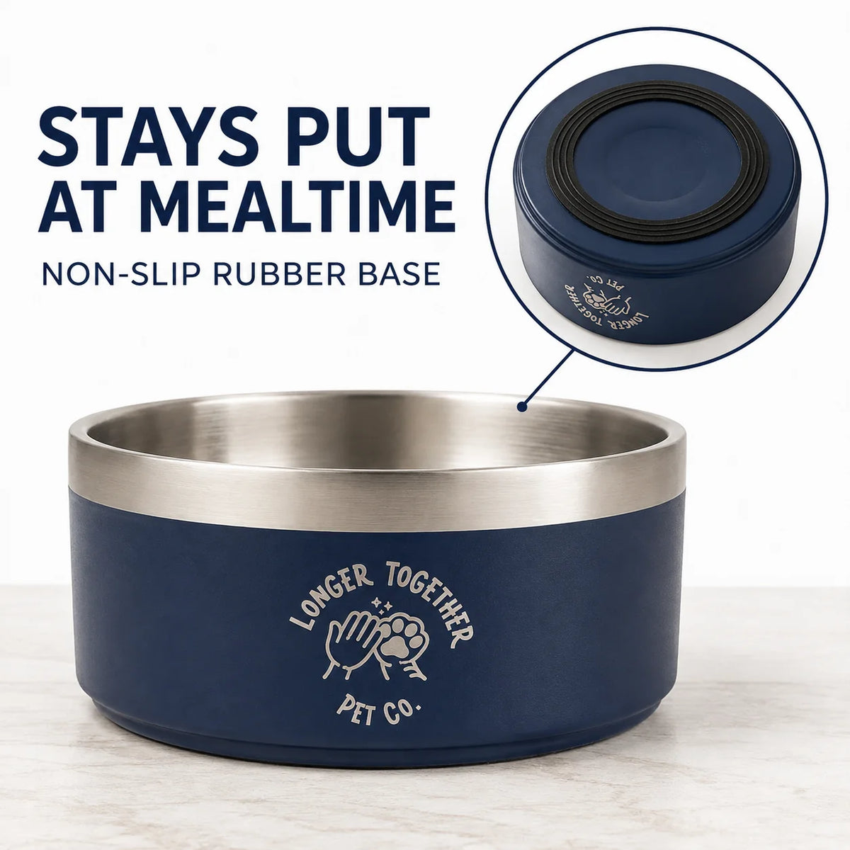 Non-slip rubber base keeps the dog bowl in place at mealtime