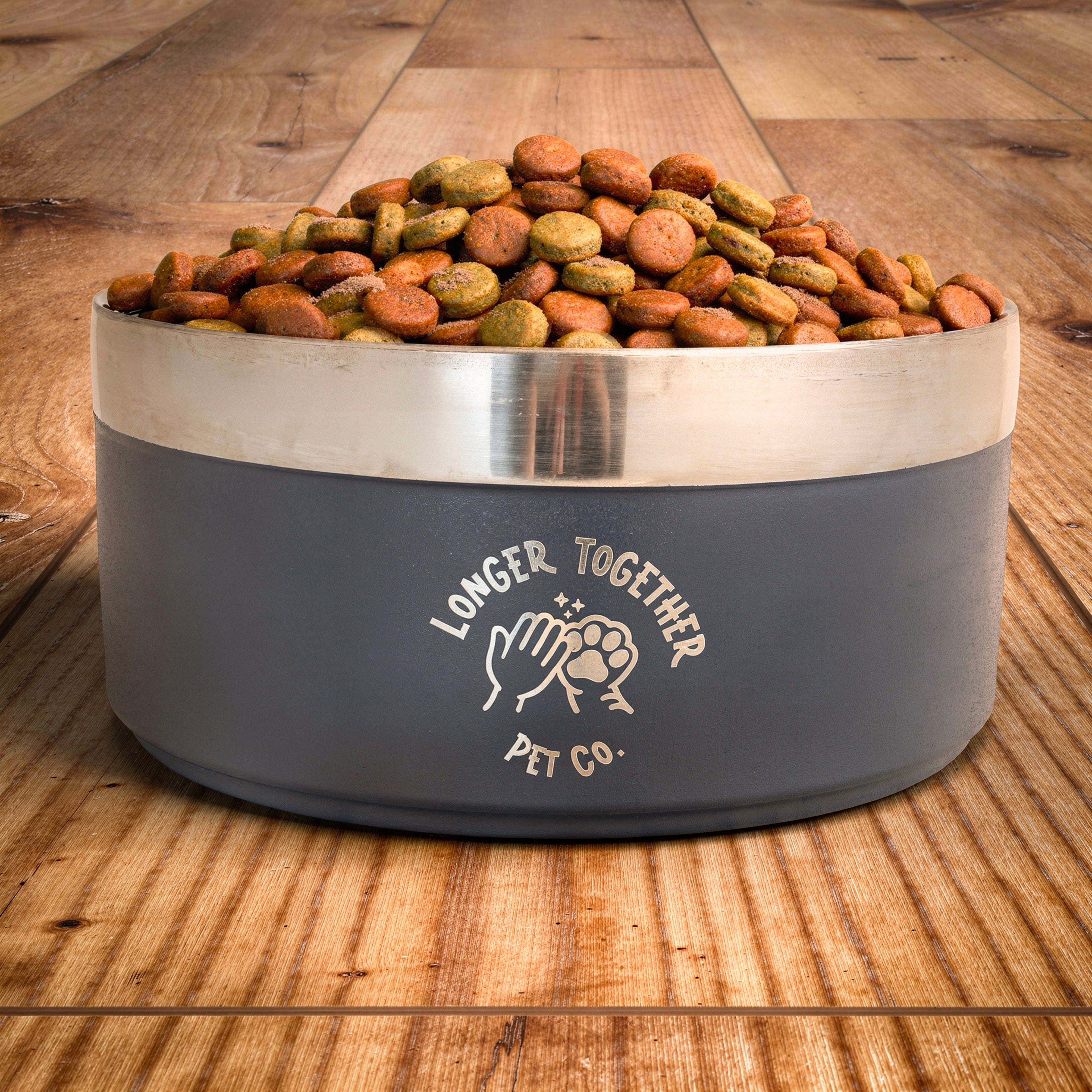 Longer Together Stainless Steel Dog Bowl with food