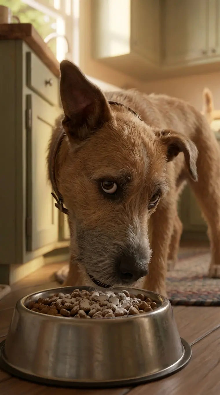 Gus eating from his bowl on the kitchen floor