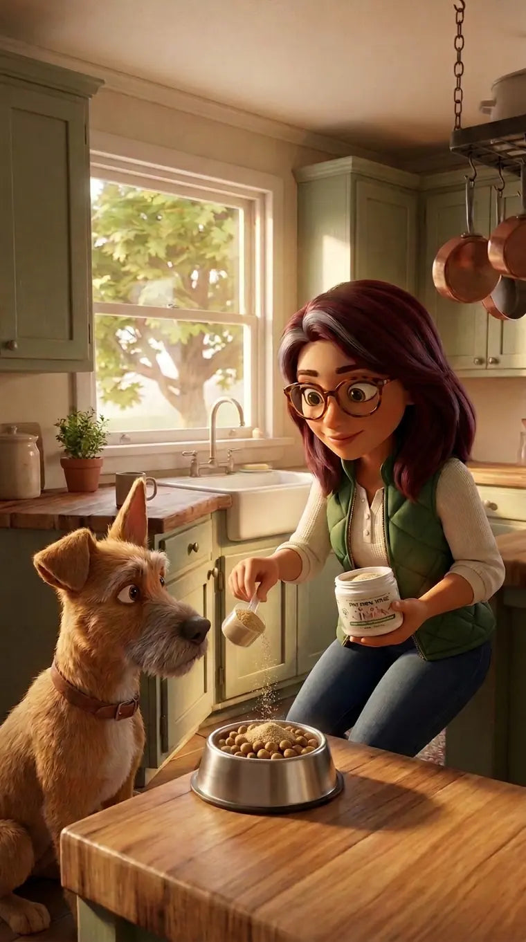 Dana scooping powder onto Gus's food at the kitchen counter
