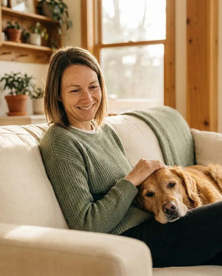 The woman on the couch with her dog's head resting on her lap