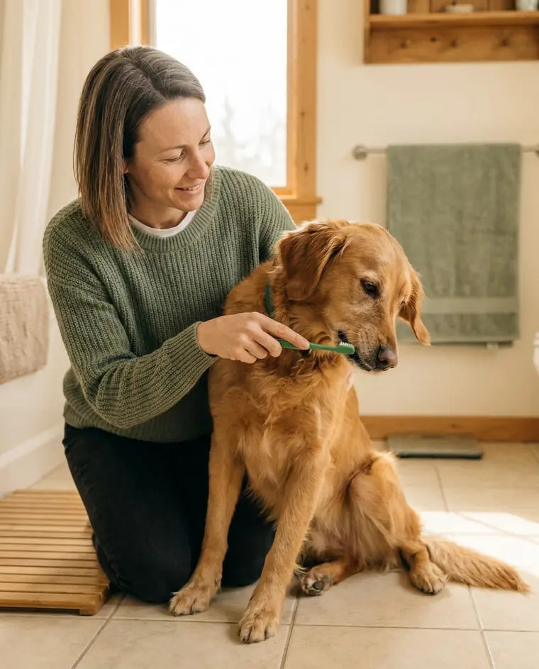 A woman holding a toothbrush toward her golden retriever mix, who turns his head away