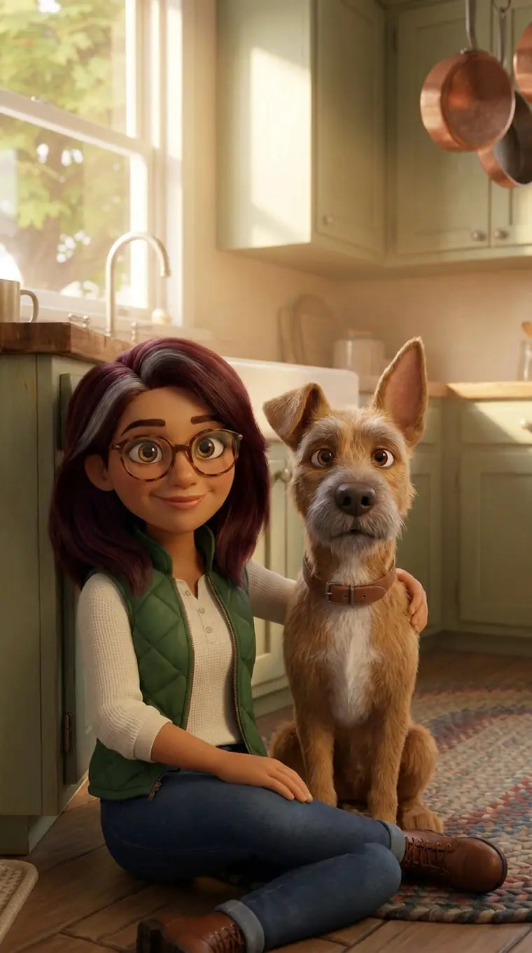Dana sitting on the kitchen floor with her arm around Gus