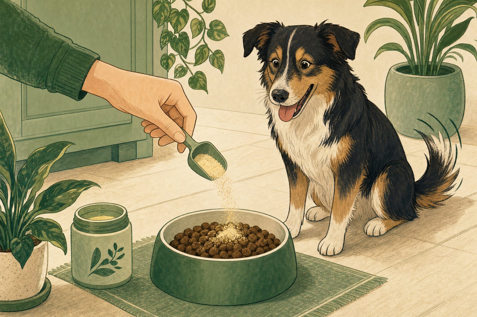 Illustration of a scoop of powder sprinkled over a bowl of dog food while a happy dog waits