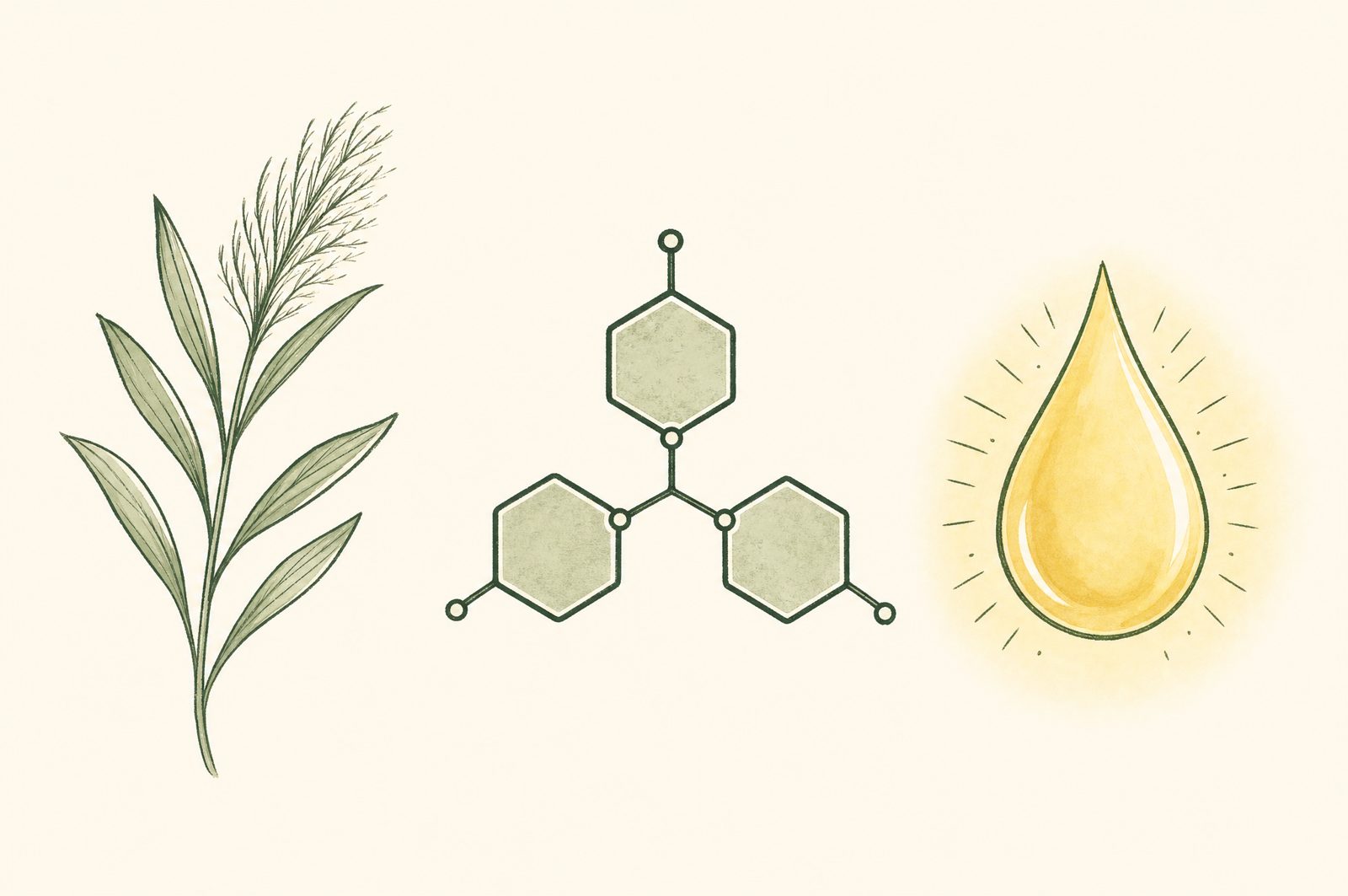 Illustration of three simple ingredients: a plant fiber sprig, an amino acid, and vitamin B6