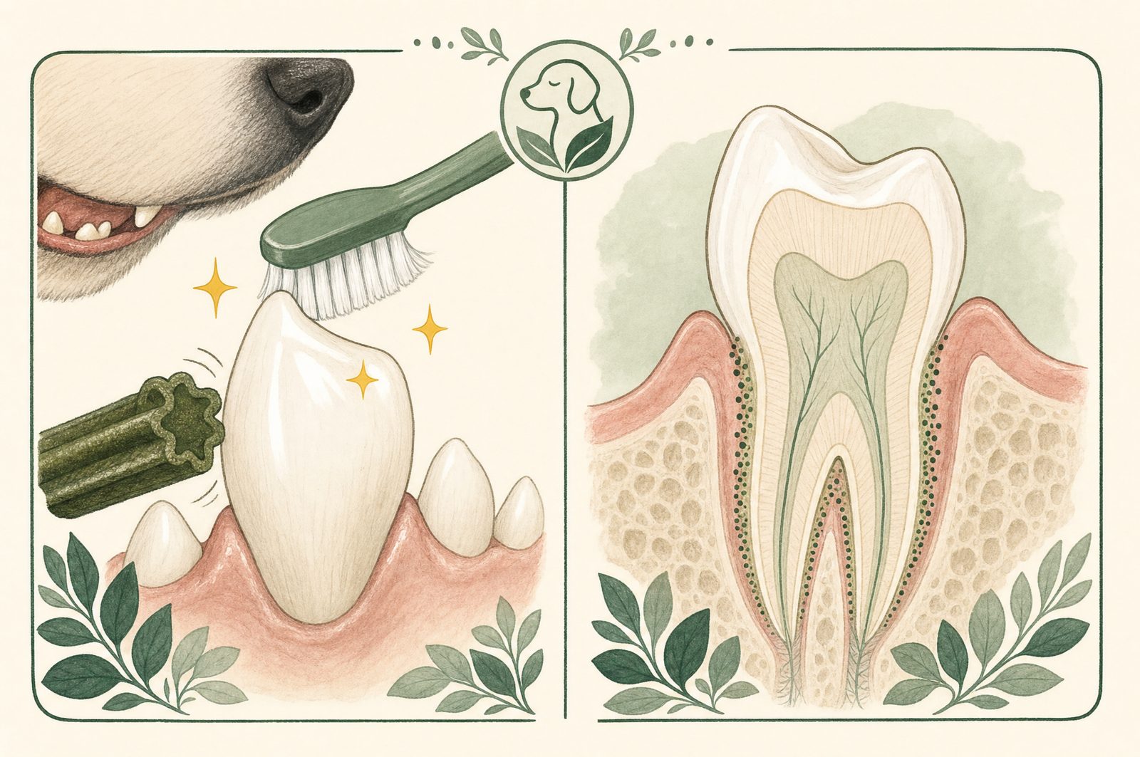 Illustration comparing surface cleaning with a toothbrush and chew to the film of bacteria that stays below the gumline