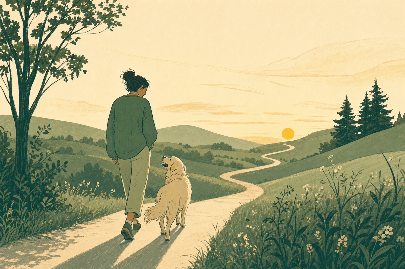Illustration of a dog and their person walking a winding path through green hills at sunset